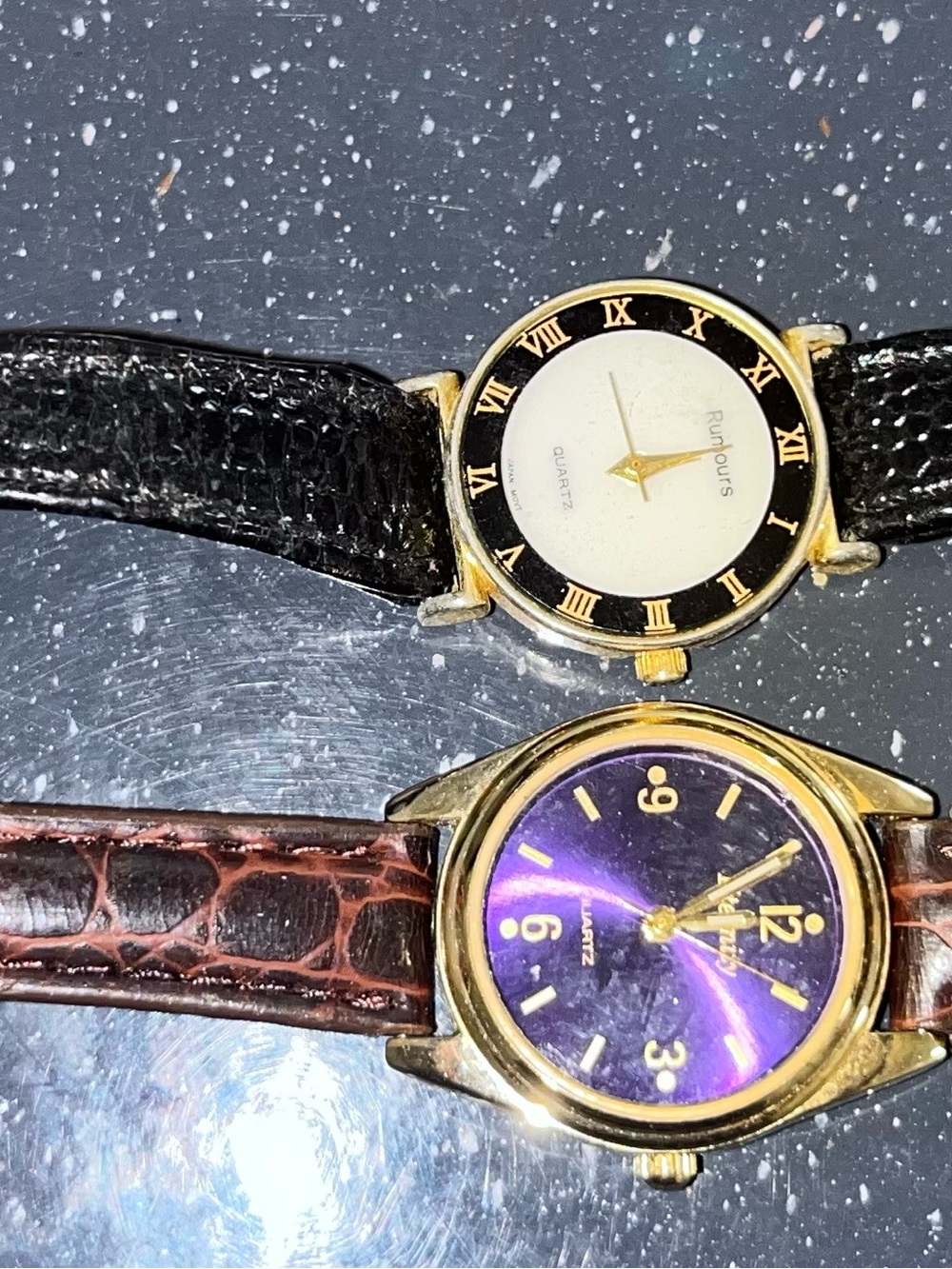 Gold-Tone Black Bezel Quartz Watch with Leather Straps (Craft use only)